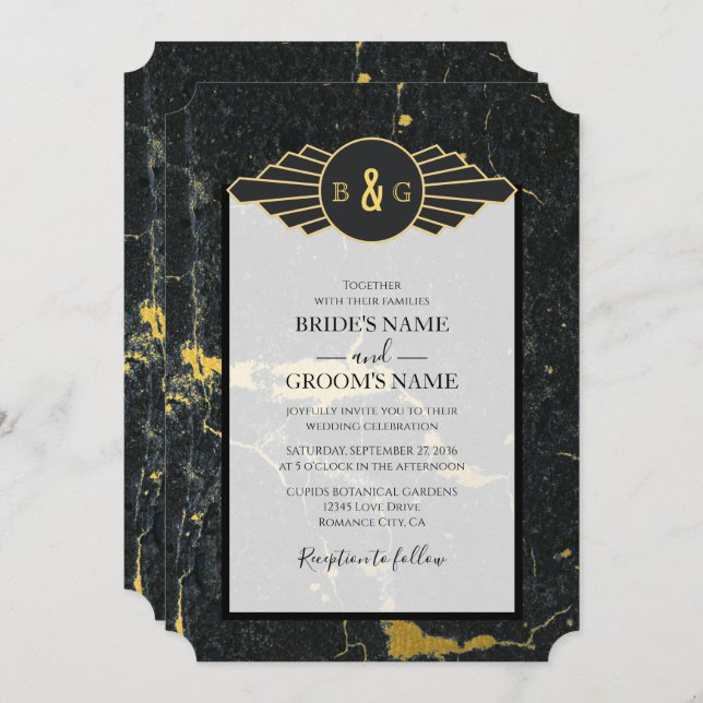 Black Gold Marble Art Deco Wedding Invitation (Front/Back)