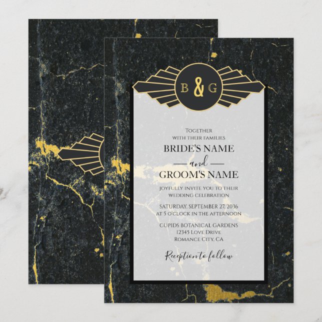 Black Gold Marble Art Deco Wedding Invitation (Front/Back)
