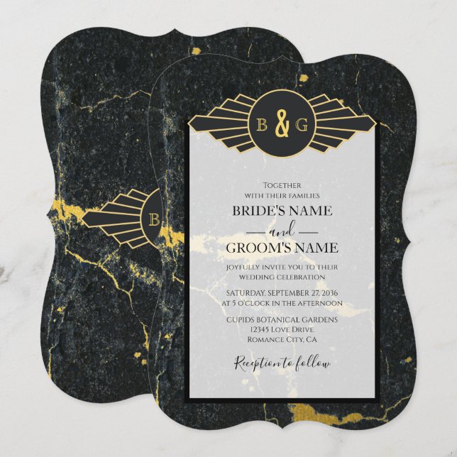 Black Gold Marble Art Deco Wedding Invitation (Front/Back)