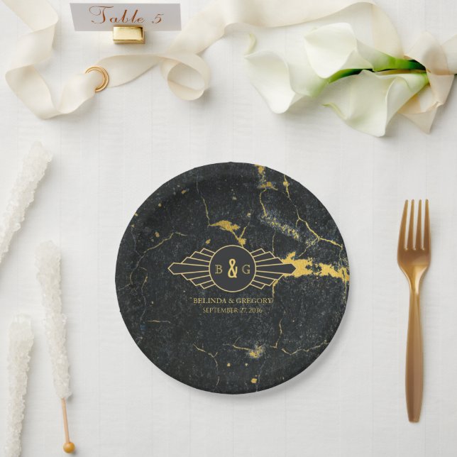 Black Gold Marble Art Deco Wedding  Paper Plates (Wedding)