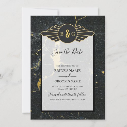 Black Gold Marble Art Deco Wedding  Save The Date