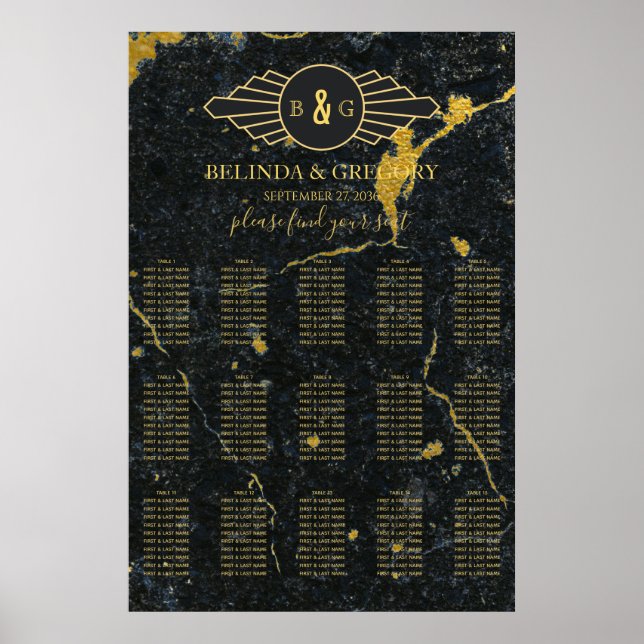 Black Gold Marble Art Deco Wedding Seating Chart (Front)