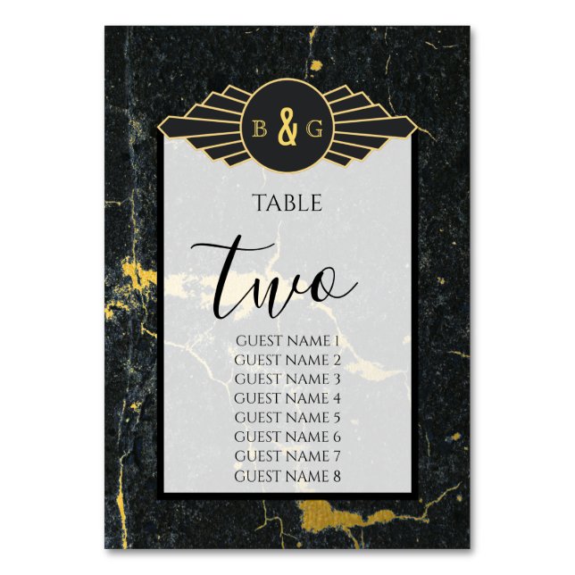 Black Gold Marble Art Deco Wedding Table Number (Front)