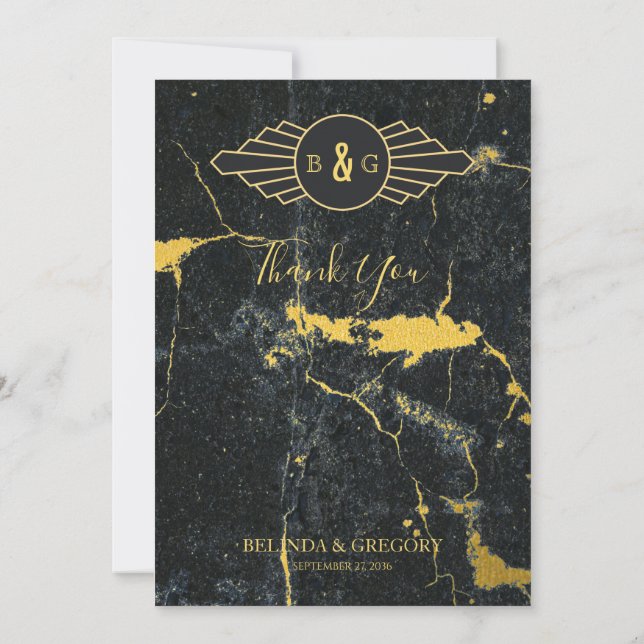 Black Gold Marble Art Deco Wedding  Thank You Card (Back)