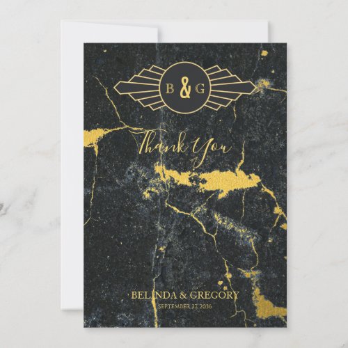 Black Gold Marble Art Deco Wedding  Thank You Card