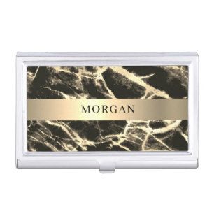 Black & Gold Marble, Black Name on Gold Band Business Card Case