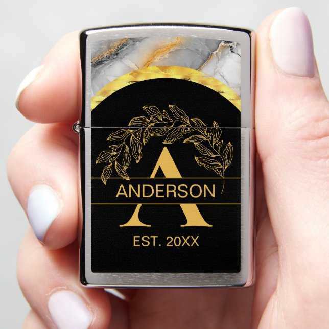 : Black Gold Marble Botanical Monogram Personalize Zippo Lighter (In Hand)