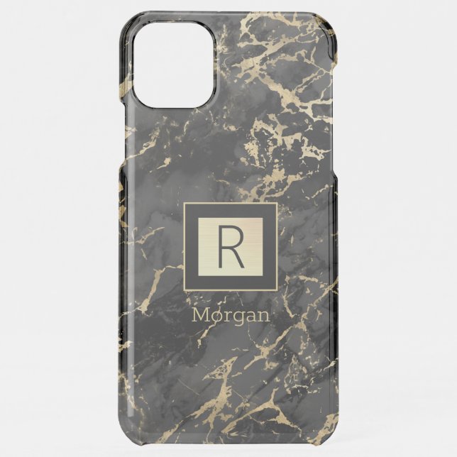 Black & Gold Marble & Box, DIY Name & Monogram Uncommon iPhone Case (Back)