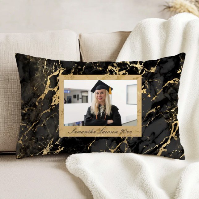 Black Gold Marble Custom Graduation Photo Accent Pillow (Creator Uploaded)