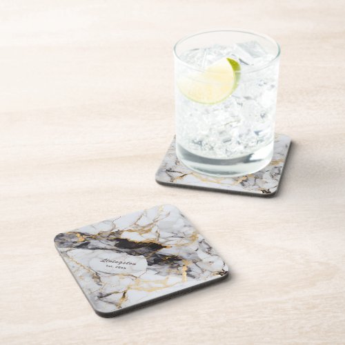 Black Gold Marble Established Personalized Beverage Coaster