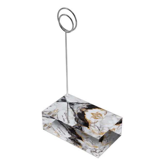 Black Gold Marble Established Personalized Place Card Holder (Corner)