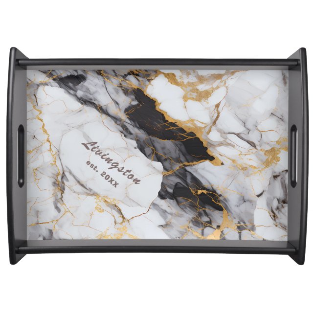 Black Gold Marble Established Personalized Serving Tray (Front)