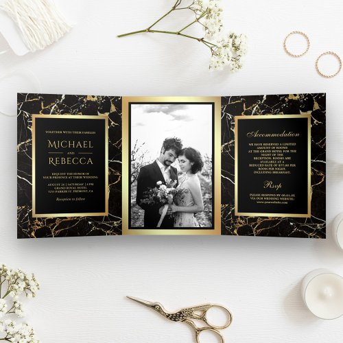 Black Gold Marble Faux Gold Foil Photo Wedding Tri_Fold Invitation