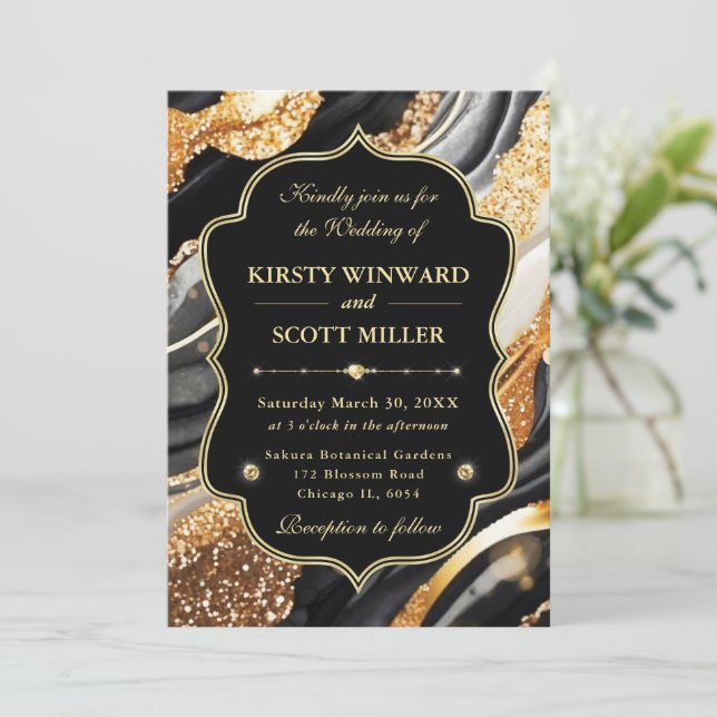 Black Gold Marble Glitter Elegant Wedding Invitation (Standing Front)