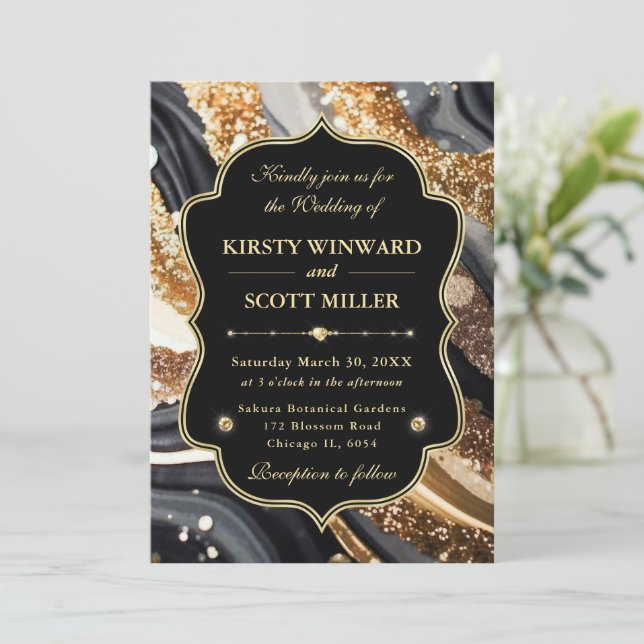 Black Gold Marble Glitter Elegant Wedding Invitation (Standing Front)