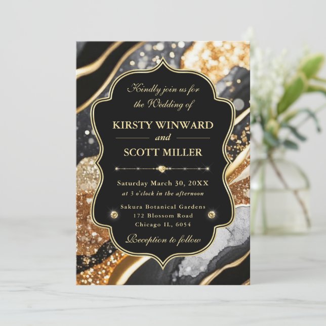 Black Gold Marble Glitter Elegant Wedding Invitation (Standing Front)