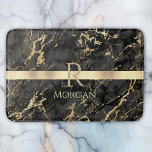 Black & Gold Marble, Gold Bar, DIY Name & Monogram Bath Mat<br><div class="desc">Personalize your name in pale yellow and gold monogram on Gold Bar on Black and Gold Marble. Click “Customize” to change colors and type styles</div>