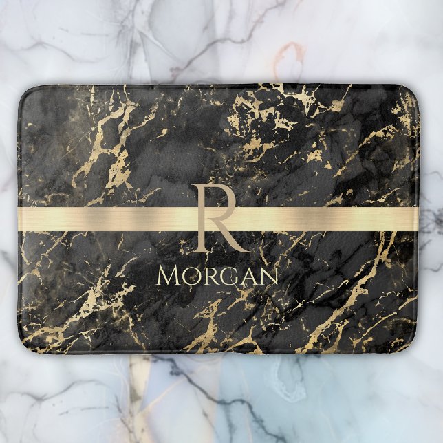 Black & Gold Marble, Gold Bar, DIY Name & Monogram Bath Mat (Creator Uploaded)