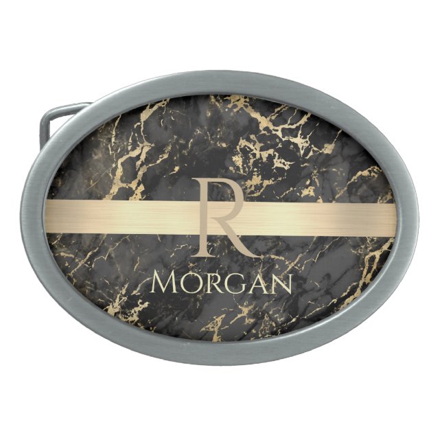 Black & Gold Marble, Gold Bar, DIY Name & Monogram Belt Buckle (Front)