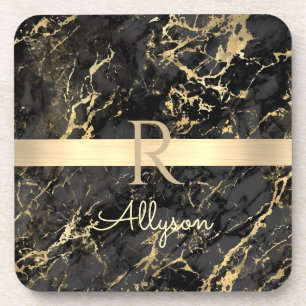 Black & Gold Marble, Gold Bar, DIY Name & Monogram Beverage Coaster