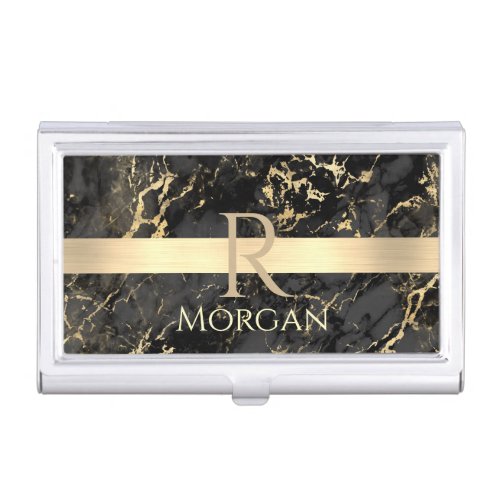 Black  Gold Marble Gold Bar DIY Name  Monogram Business Card Case
