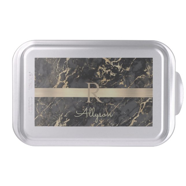 Black & Gold Marble, Gold Bar, DIY Name & Monogram Cake Pan (Front)