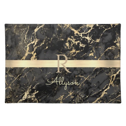 Black  Gold Marble Gold Bar DIY Name  Monogram Cloth Placemat