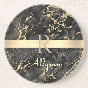 Black & Gold Marble, Gold Bar, DIY Name & Monogram Coaster