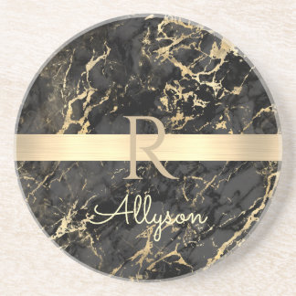 Black & Gold Marble, Gold Bar, DIY Name & Monogram Coaster