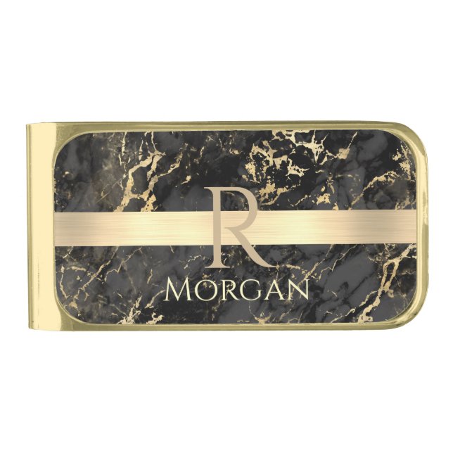 Black & Gold Marble, Gold Bar, DIY Name & Monogram Finish Money Clip (Front)