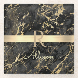 Black & Gold Marble, Gold Bar, DIY Name & Monogram Glass Coaster