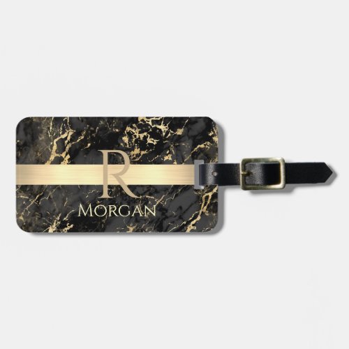 BlackGold Marble Gold Bar DIY NameMonogram Info Luggage Tag