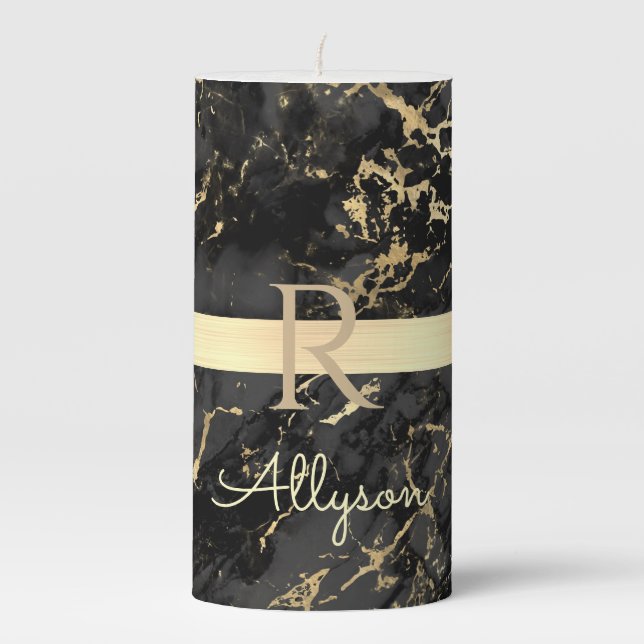 Black & Gold Marble, Gold Bar, DIY Name & Monogram Pillar Candle (Front)