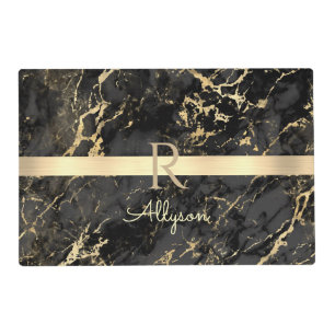 Black & Gold Marble, Gold Bar, DIY Name & Monogram Placemat