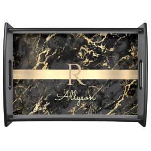 Black & Gold Marble, Gold Bar, DIY Name & Monogram Serving Tray