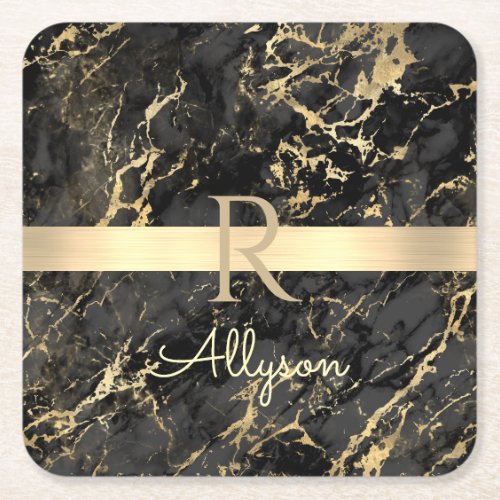 Black  Gold Marble Gold Bar DIY Name  Monogram Square Paper Coaster