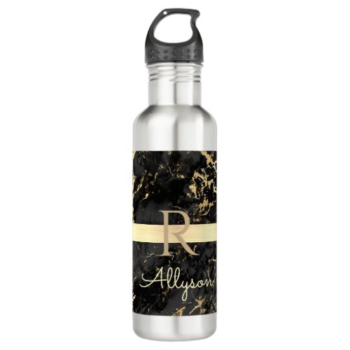 Black  Gold Marble Gold Bar DIY Name  Monogram Stainless Steel Water Bottle