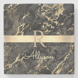 Black & Gold Marble, Gold Bar, DIY Name & Monogram Stone Coaster