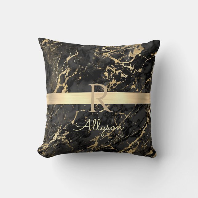 Black & Gold Marble, Gold Bar, DIY Name & Monogram Throw Pillow (Front)
