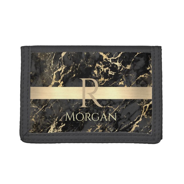 Black & Gold Marble, Gold Bar, DIY Name & Monogram Trifold Wallet (Front)
