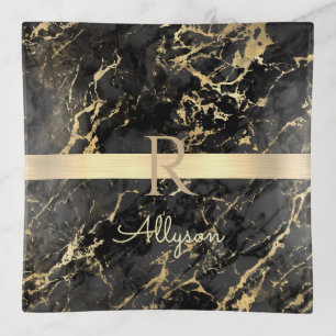 Black & Gold Marble, Gold Bar, DIY Name & Monogram Trinket Tray