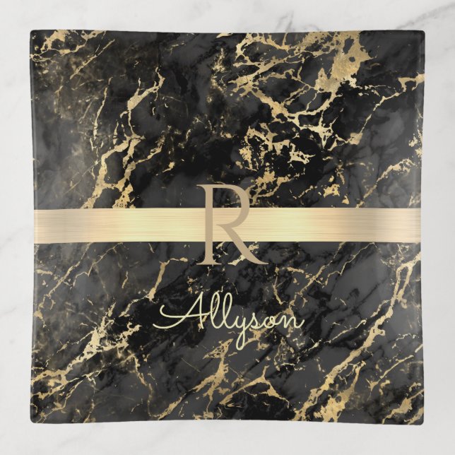Black & Gold Marble, Gold Bar, DIY Name & Monogram Trinket Tray (Front)