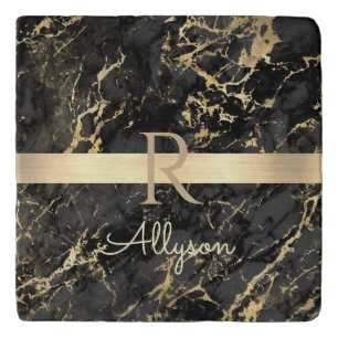 Black & Gold Marble, Gold Bar, DIY Name & Monogram Trivet