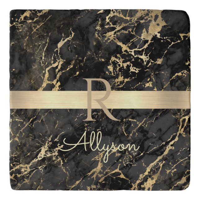 Black & Gold Marble, Gold Bar, DIY Name & Monogram Trivet (Front)