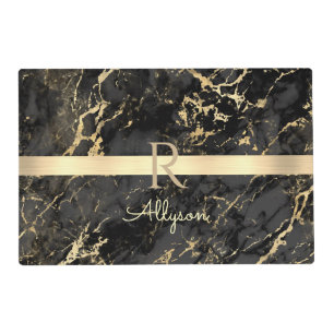Black & Gold Marble, Gold Bar, Name & Monogram Placemat