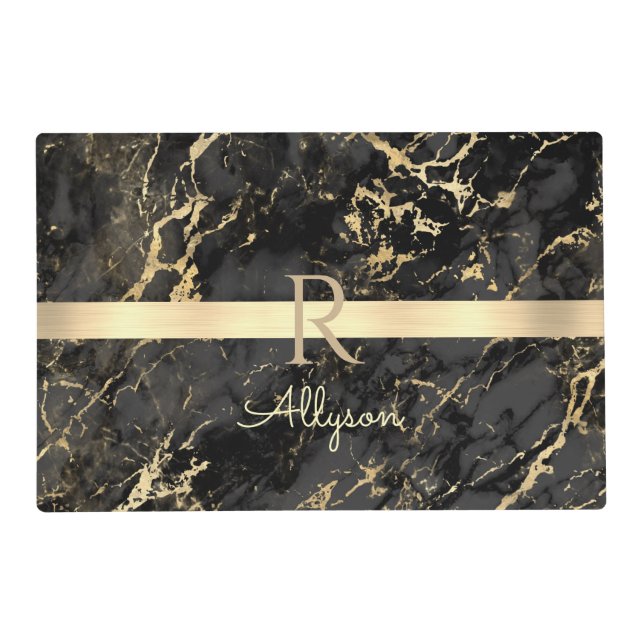 Black & Gold Marble, Gold Bar, Name & Monogram Placemat (Front)