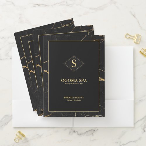 Black  Gold Marble Gold Border Pocket Folder