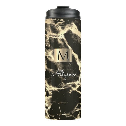 Black  Gold Marble Gold Box Name  Monogram Thermal Tumbler