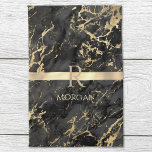 Black & Gold Marble, Gold Monogram, Name & Stripe  Kitchen Towel<br><div class="desc">Personalize gold name and monogram on Gold Stripe on Black and Gold Marble.</div>
