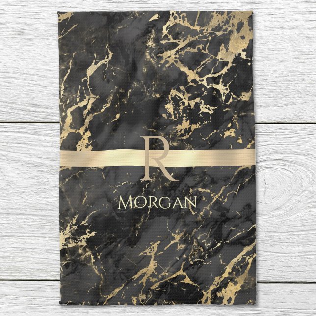 Black & Gold Marble, Gold Monogram, Name & Stripe  Kitchen Towel (Creator Uploaded)